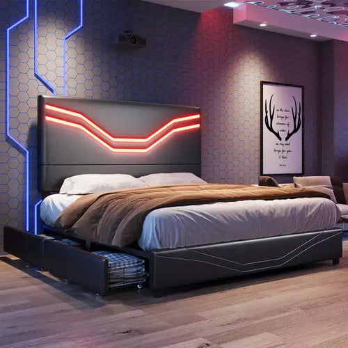 Cadre de lit avec lumières LED et tiroirs de rangement, tête de lit en similicuir, aucun sommier tapissier requis