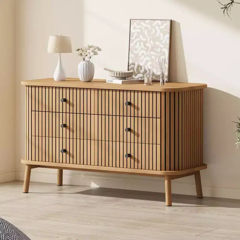 Commode 6 tiroirs style Mid-Century, bois naturel avec accents noirs