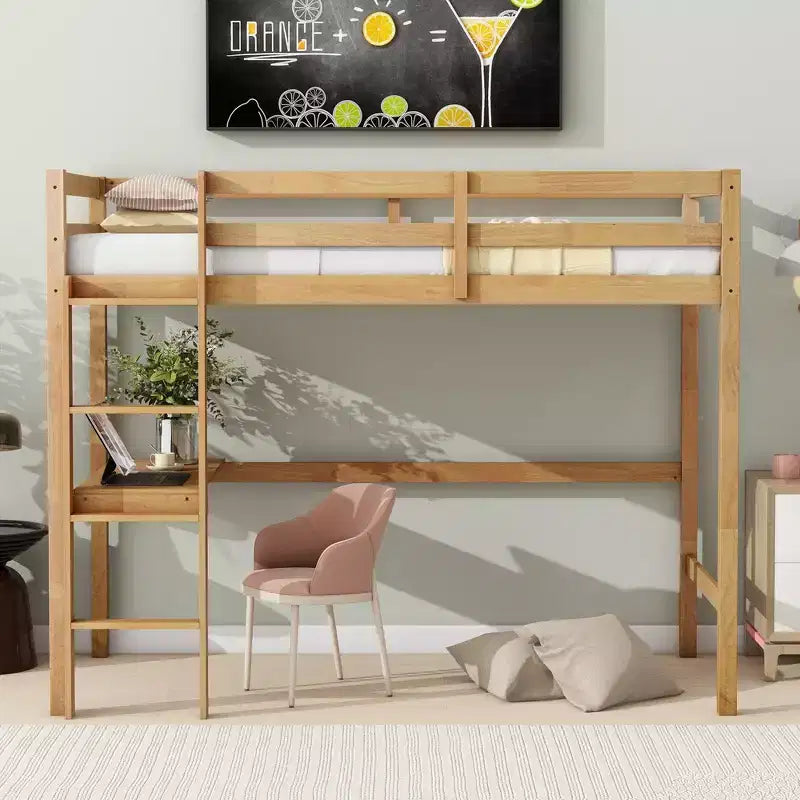 Lit mezzanine double avec garde-corps de sécurité, bureau intégré, échelle beige