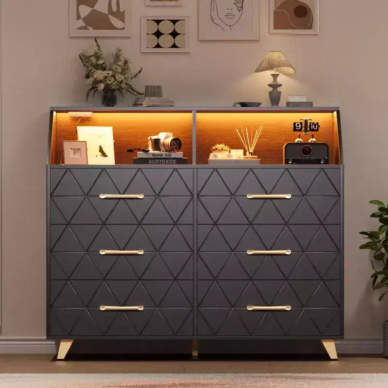 Commode à 6 tiroirs, commode en bois avec station de charge, meuble de rangement moderne, meuble TV avec tiroirs pour salon