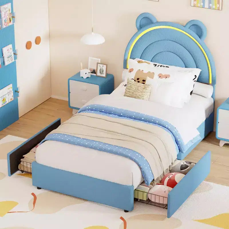 Cadre de lit double avec 2 tiroirs de rangement, lit plateforme rembourré en velours avec tête de lit arc-en-ciel pour enfants/filles