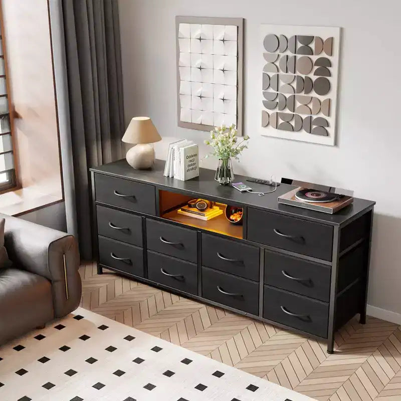 Meuble TV Noir 55 pouces compatible TV 65 pouces Meuble TV multimédia 10 tiroirs en tissu Commode Chambre Rangement Poitrine Meuble de rangement utilitaire moderne Meuble Neuf pour la Maison