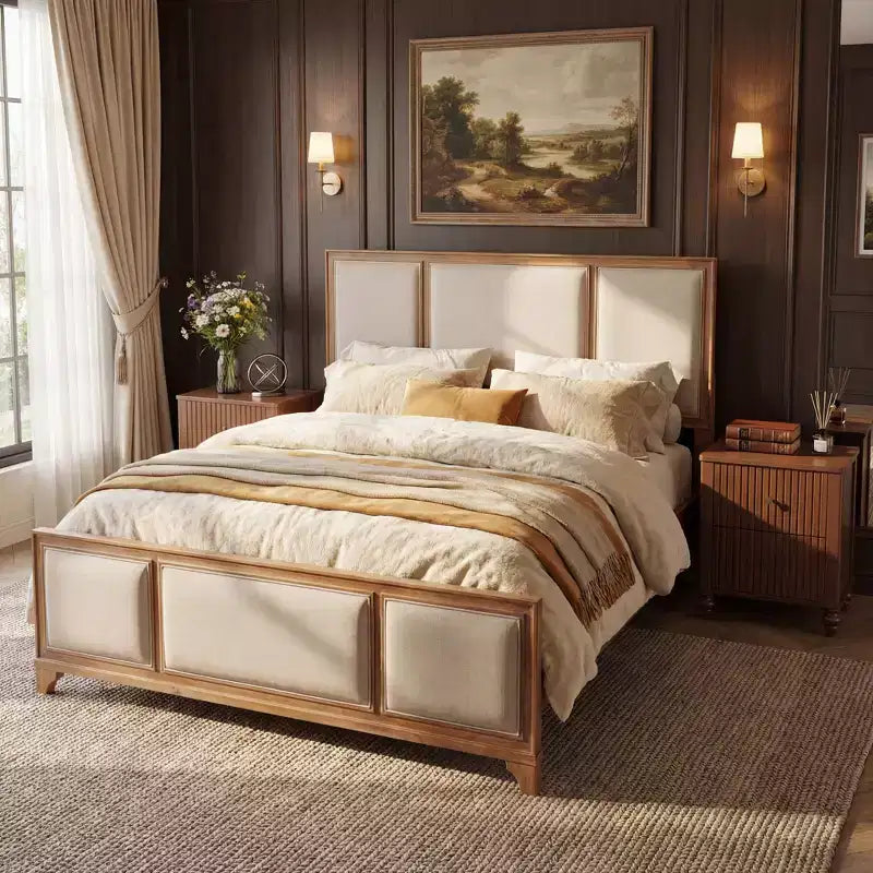 Lit plateforme en bois King/Queen size avec tête et pied de lit rembourrés beiges, cadre de lit de style ferme moderne