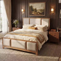 Lit plateforme en bois King/Queen size avec tête et pied de lit rembourrés beiges, cadre de lit de style ferme moderne