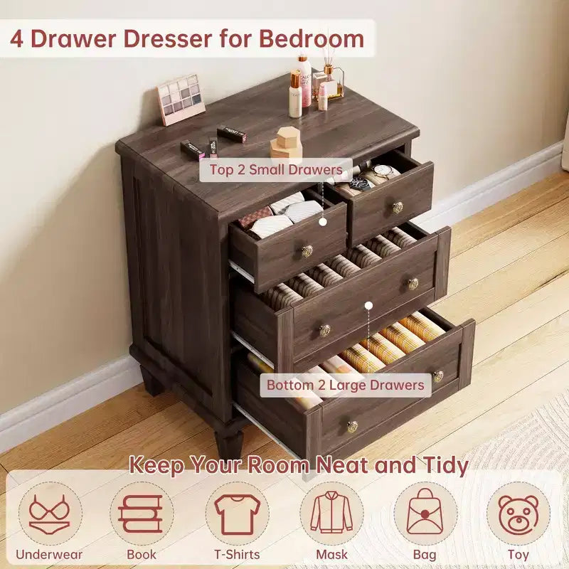 Commode Vintage en Bois à 4 Tiroirs avec Poignées Sculptées et Pieds Effilés, Grand Meuble de Rangement, Armoire de Rangement Rustique pour Chambre et Placard