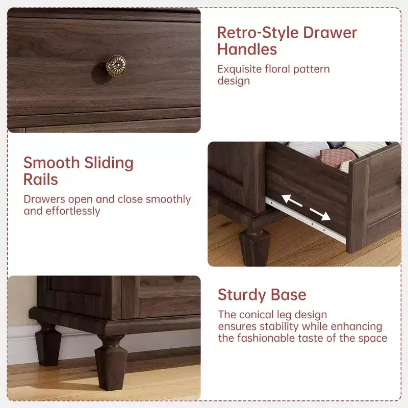 Commode Vintage en Bois à 4 Tiroirs avec Poignées Sculptées et Pieds Effilés, Grand Meuble de Rangement, Armoire de Rangement Rustique pour Chambre et Placard