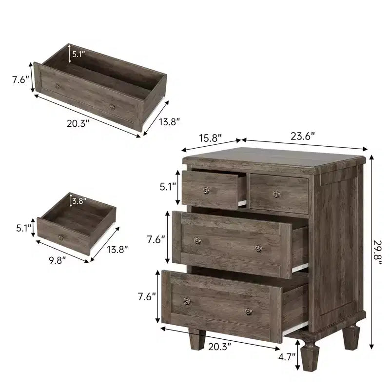 Commode Vintage en Bois à 4 Tiroirs avec Poignées Sculptées et Pieds Effilés, Grand Meuble de Rangement, Armoire de Rangement Rustique pour Chambre et Placard