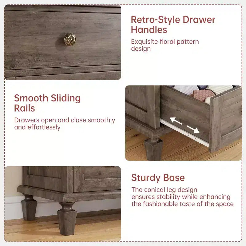 Commode Vintage en Bois à 4 Tiroirs avec Poignées Sculptées et Pieds Effilés, Grand Meuble de Rangement, Armoire de Rangement Rustique pour Chambre et Placard