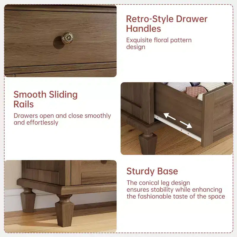 Commode Vintage en Bois à 4 Tiroirs avec Poignées Sculptées et Pieds Effilés, Grand Meuble de Rangement, Armoire de Rangement Rustique pour Chambre et Placard