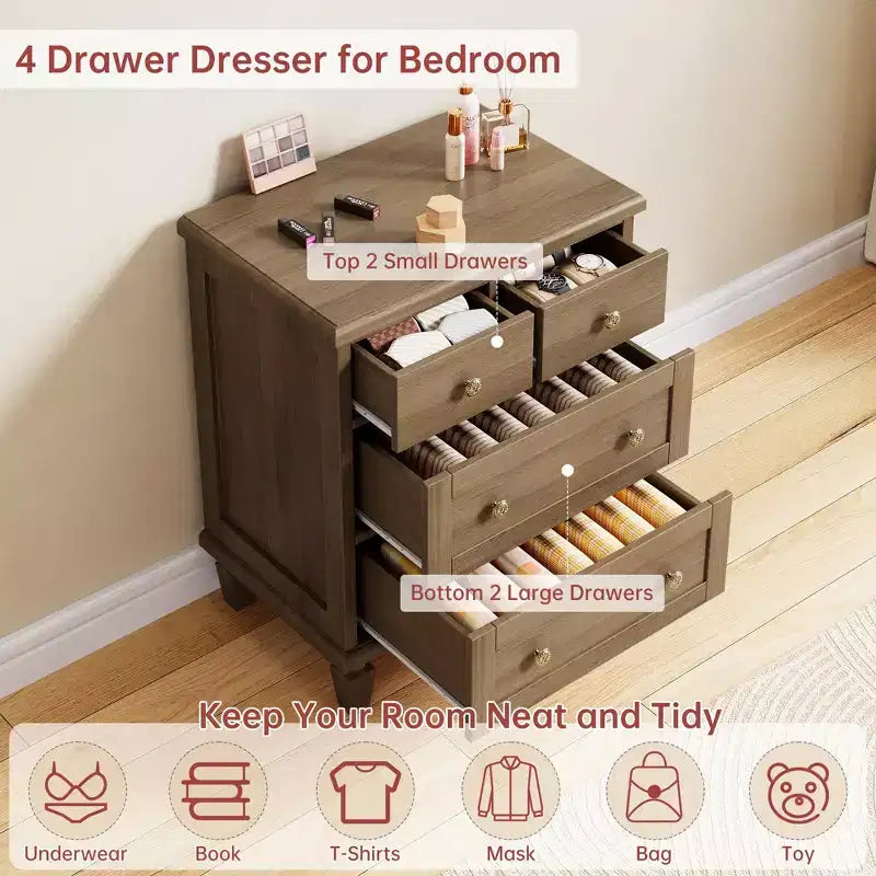 Commode Vintage en Bois à 4 Tiroirs avec Poignées Sculptées et Pieds Effilés, Grand Meuble de Rangement, Armoire de Rangement Rustique pour Chambre et Placard