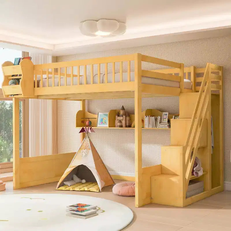 Lit mezzanine en bois Queen Size avec escalier et armoire, lit superposé haut avec espace sous le lit et étagères de rangement ouvertes pratiques pour enfants et adolescents