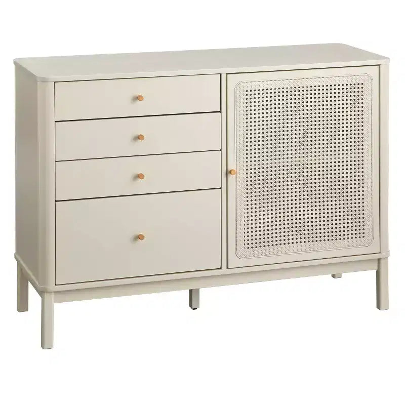 Commode 4 tiroirs et 1 porte aspect rotin coloris ivoire